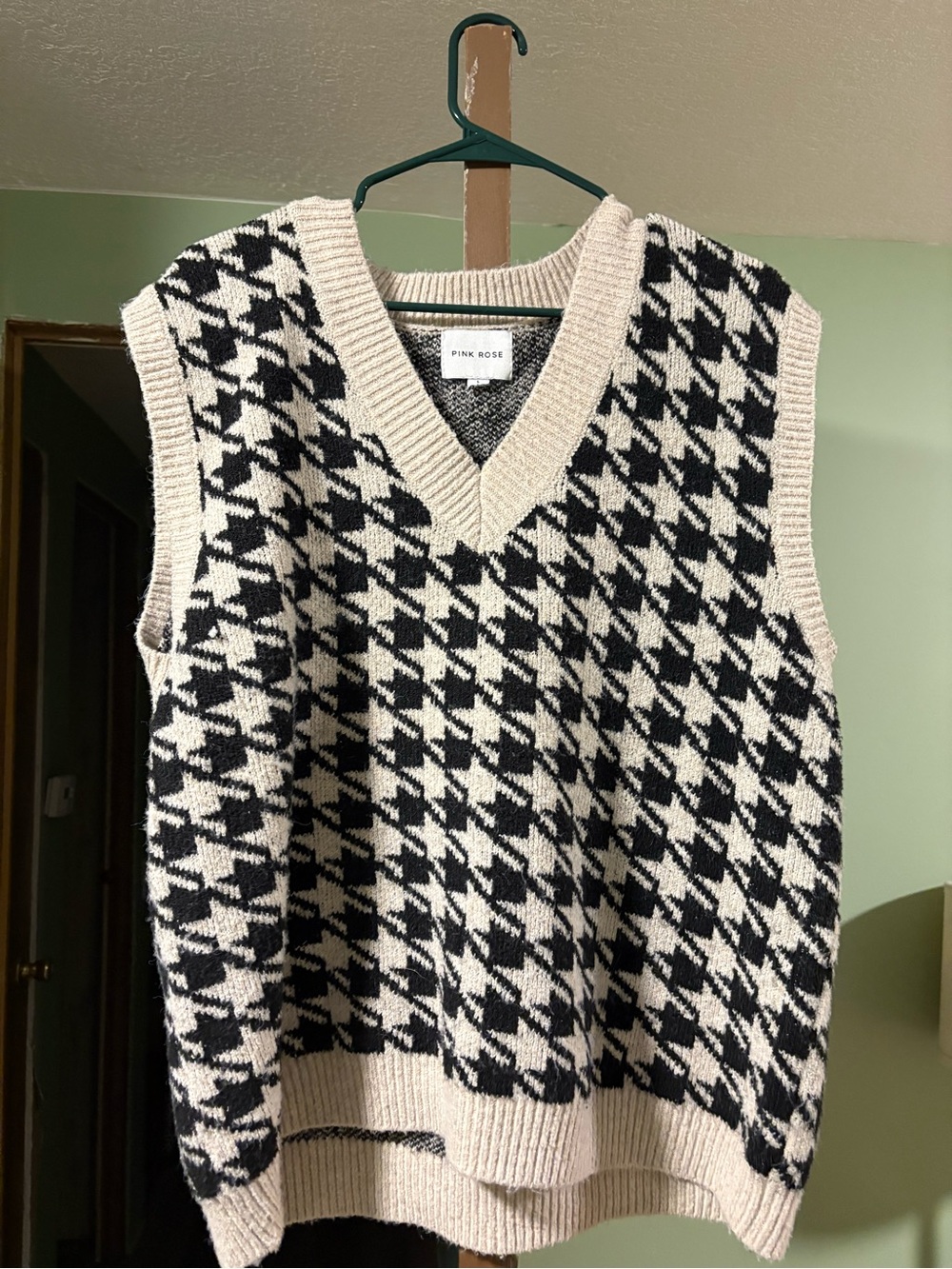 Pink Rose Black and Cream Houndstooth Knit Sweater Vest